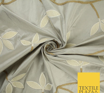 8 COLOURS Fryetts Luxury Floral Vine Trio Leaf Embroidered 100% PURE SILK Fabric