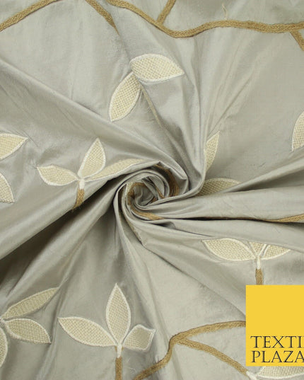 8 COLOURS Fryetts Luxury Floral Vine Trio Leaf Embroidered 100% PURE SILK Fabric