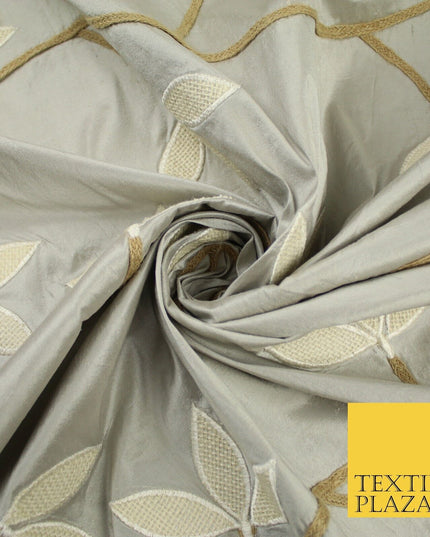 8 COLOURS Fryetts Luxury Floral Vine Trio Leaf Embroidered 100% PURE SILK Fabric