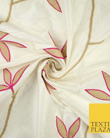 8 COLOURS Fryetts Luxury Floral Vine Trio Leaf Embroidered 100% PURE SILK Fabric