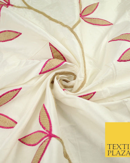8 COLOURS Fryetts Luxury Floral Vine Trio Leaf Embroidered 100% PURE SILK Fabric