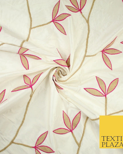 8 COLOURS Fryetts Luxury Floral Vine Trio Leaf Embroidered 100% PURE SILK Fabric
