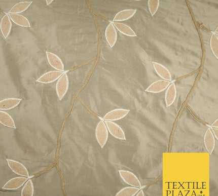 8 COLOURS Fryetts Luxury Floral Vine Trio Leaf Embroidered 100% PURE SILK Fabric