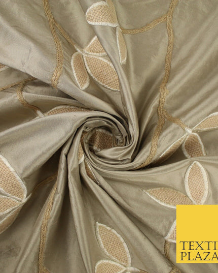 8 COLOURS Fryetts Luxury Floral Vine Trio Leaf Embroidered 100% PURE SILK Fabric