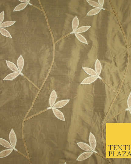 8 COLOURS Fryetts Luxury Floral Vine Trio Leaf Embroidered 100% PURE SILK Fabric