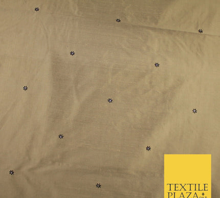 Antique Gold Mini Flower Diamonte Stone Embroidered 100% PURE SILK Fabric 8488