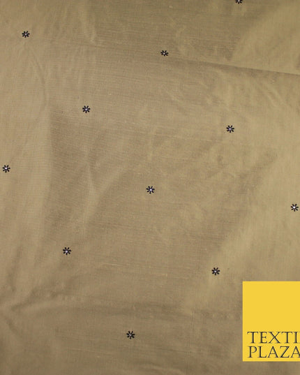 Antique Gold Mini Flower Diamonte Stone Embroidered 100% PURE SILK Fabric 8488