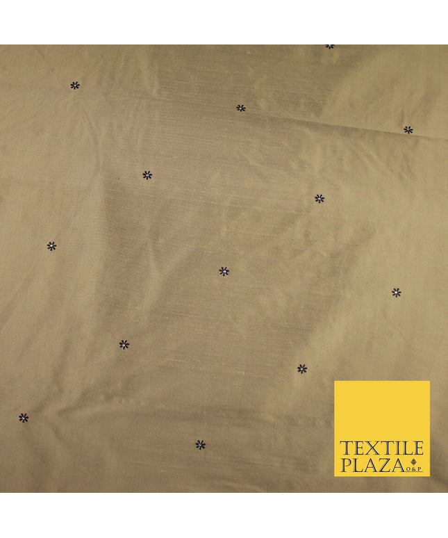 Antique Gold Mini Flower Diamonte Stone Embroidered 100% PURE SILK Fabric 8488