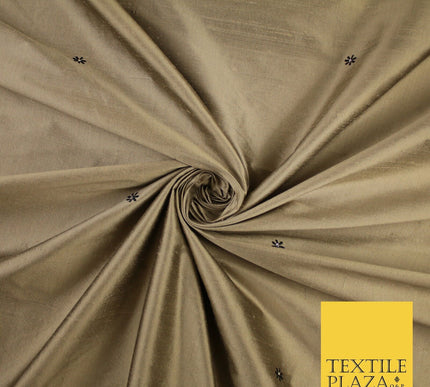 Antique Gold Mini Flower Diamonte Stone Embroidered 100% PURE SILK Fabric 8488