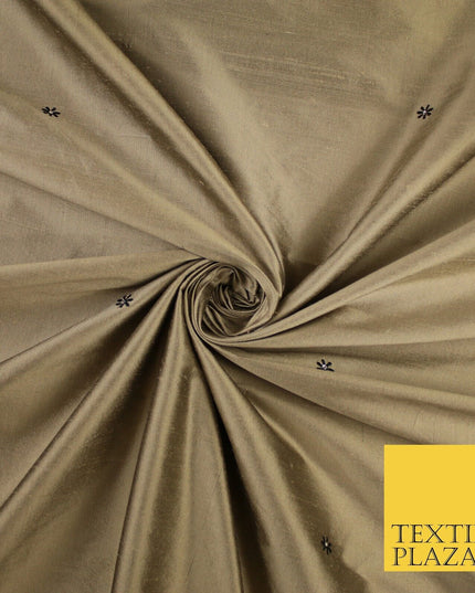 Antique Gold Mini Flower Diamonte Stone Embroidered 100% PURE SILK Fabric 8488
