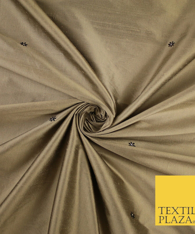 Antique Gold Mini Flower Diamonte Stone Embroidered 100% PURE SILK Fabric 8488