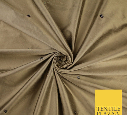 Antique Gold Mini Flower Diamonte Stone Embroidered 100% PURE SILK Fabric 8488