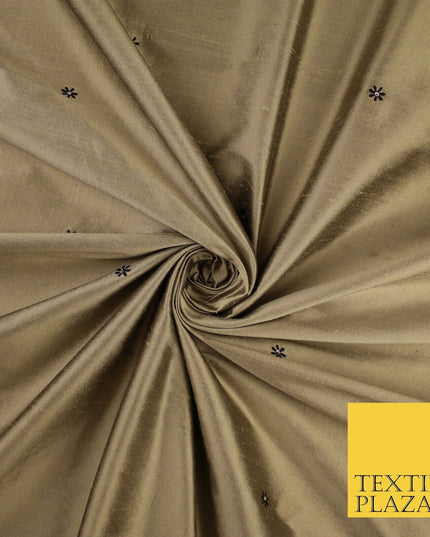 Antique Gold Mini Flower Diamonte Stone Embroidered 100% PURE SILK Fabric 8488