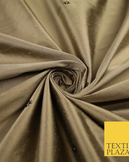 Antique Gold Mini Flower Diamonte Stone Embroidered 100% PURE SILK Fabric 8488