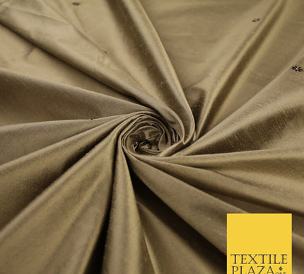 Antique Gold Mini Flower Diamonte Stone Embroidered 100% PURE SILK Fabric 8488