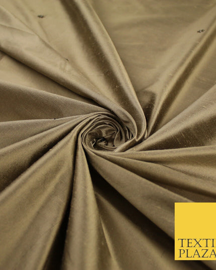 Antique Gold Mini Flower Diamonte Stone Embroidered 100% PURE SILK Fabric 8488