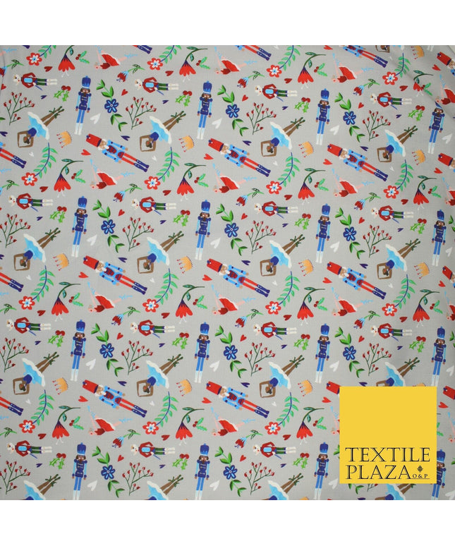 Grey Festive Nutcracker Ballerina Floral Digital Print 100% Cotton Fabric 8742