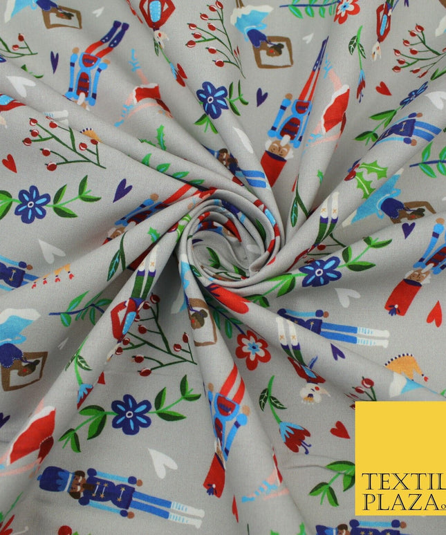 Grey Festive Nutcracker Ballerina Floral Digital Print 100% Cotton Fabric 8742
