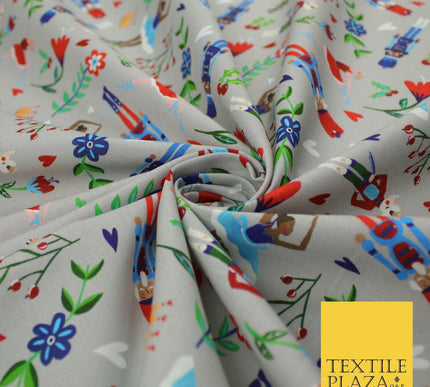 Grey Festive Nutcracker Ballerina Floral Digital Print 100% Cotton Fabric 8742