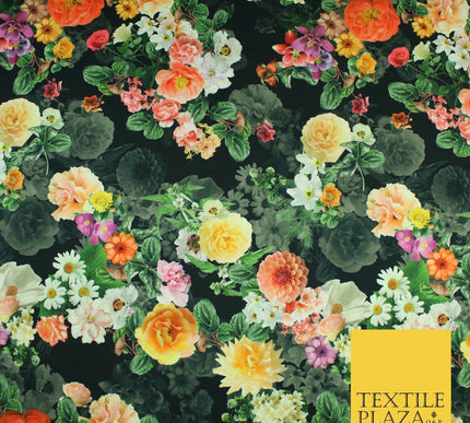 Black Multicolour Floral Cotton Canvas Panama Upholstery Curtain Fabric 8574