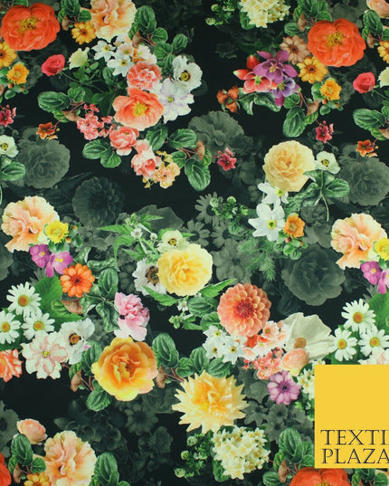 Black Multicolour Floral Cotton Canvas Panama Upholstery Curtain Fabric 8574
