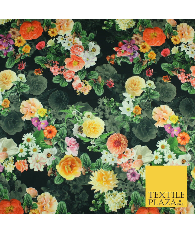 Black Multicolour Floral Cotton Canvas Panama Upholstery Curtain Fabric 8574