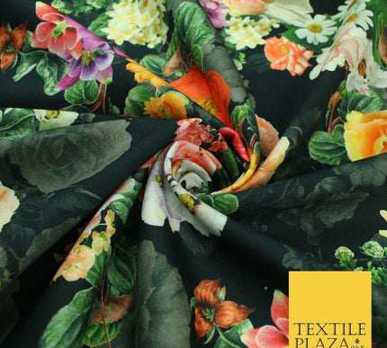 Black Multicolour Floral Cotton Canvas Panama Upholstery Curtain Fabric 8574