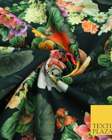 Black Multicolour Floral Cotton Canvas Panama Upholstery Curtain Fabric 8574