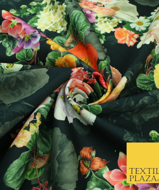 Black Multicolour Floral Cotton Canvas Panama Upholstery Curtain Fabric 8574