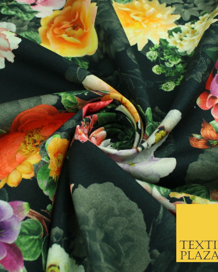 Black Multicolour Floral Cotton Canvas Panama Upholstery Curtain Fabric 8574