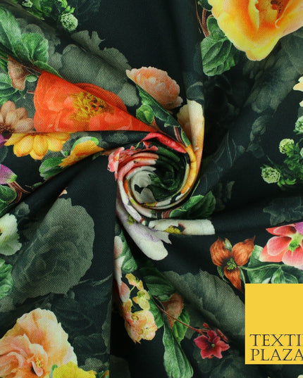 Black Multicolour Floral Cotton Canvas Panama Upholstery Curtain Fabric 8574
