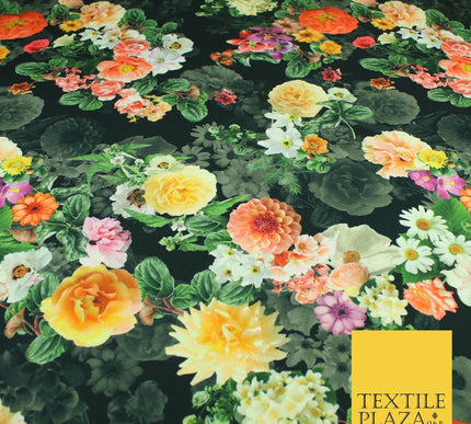 Black Multicolour Floral Cotton Canvas Panama Upholstery Curtain Fabric 8574