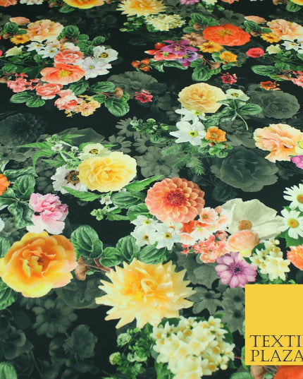 Black Multicolour Floral Cotton Canvas Panama Upholstery Curtain Fabric 8574