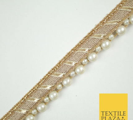 Gold Metallic Ribbon & Pearl Trim Border Ribbon Gota Lace 2cm Wide X695