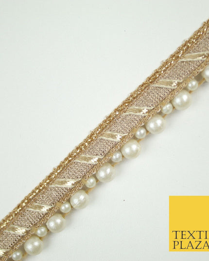 Gold Metallic Ribbon & Pearl Trim Border Ribbon Gota Lace 2cm Wide X695