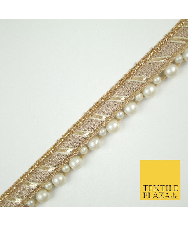 Gold Metallic Ribbon & Pearl Trim Border Ribbon Gota Lace 2cm Wide X695