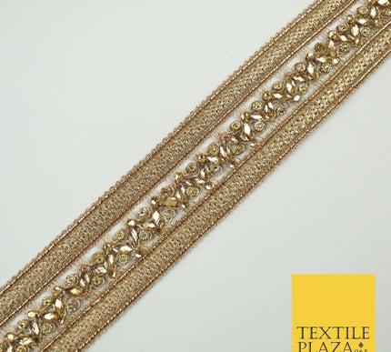 GOLD Double Ribbon Trimming with Golden Stones Border Indian Ethnic X697