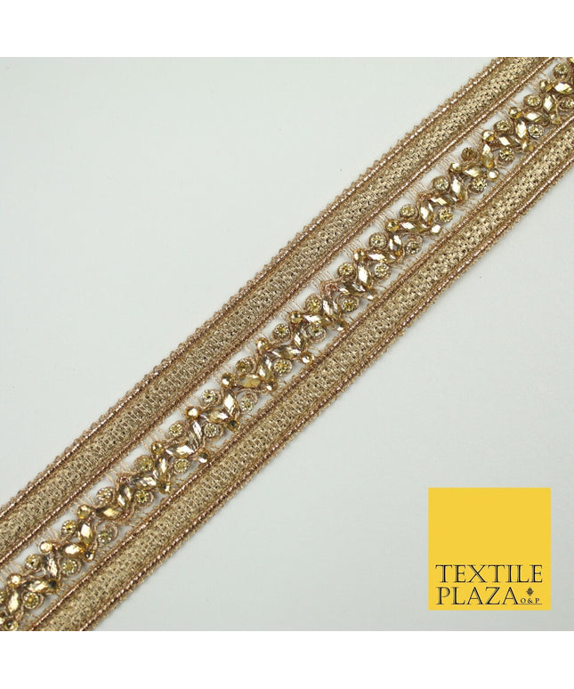 GOLD Double Ribbon Trimming with Golden Stones Border Indian Ethnic X697