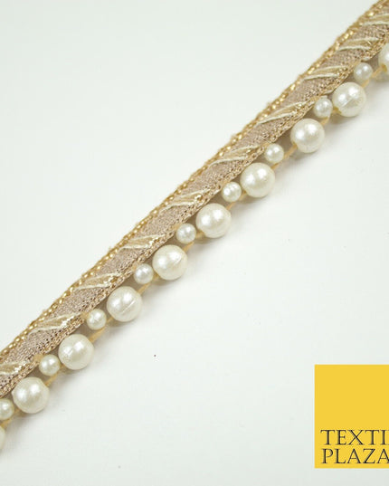Gold Metallic Ribbon & Pearl Trim Border Ribbon Gota Lace 2cm Wide X695