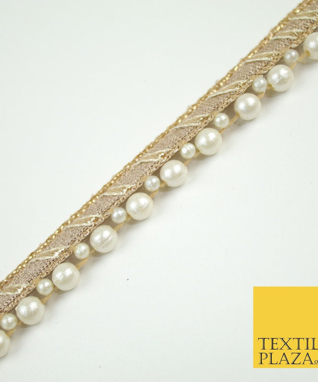 Gold Metallic Ribbon & Pearl Trim Border Ribbon Gota Lace 2cm Wide X695