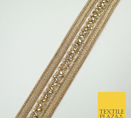 GOLD Double Ribbon Trimming with Golden Stones Border Indian Ethnic X697