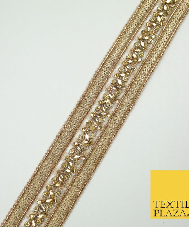 GOLD Double Ribbon Trimming with Golden Stones Border Indian Ethnic X697
