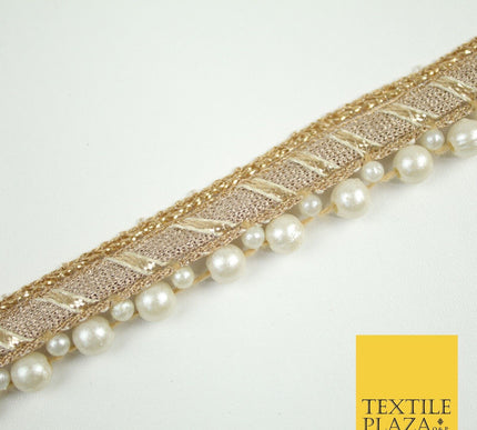 Gold Metallic Ribbon & Pearl Trim Border Ribbon Gota Lace 2cm Wide X695