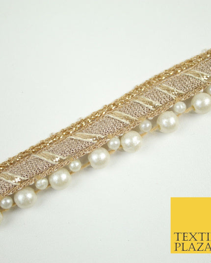 Gold Metallic Ribbon & Pearl Trim Border Ribbon Gota Lace 2cm Wide X695