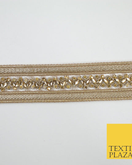 GOLD Double Ribbon Trimming with Golden Stones Border Indian Ethnic X697