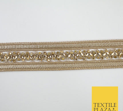 GOLD Double Ribbon Trimming with Golden Stones Border Indian Ethnic X697