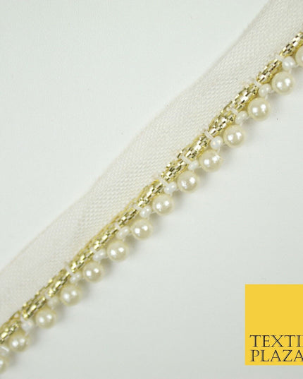 WHITE Mini 5mm Pearl Beaded Slim Trim Border Ribbon Gota Lace X694