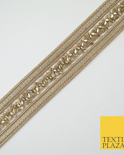 GOLD Double Ribbon Trimming with Golden Stones Border Indian Ethnic X697