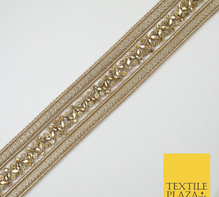 GOLD Double Ribbon Trimming with Golden Stones Border Indian Ethnic X697