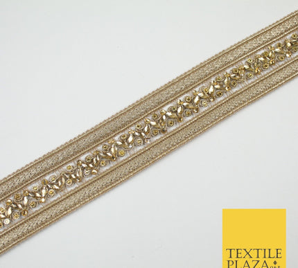 GOLD Double Ribbon Trimming with Golden Stones Border Indian Ethnic X697